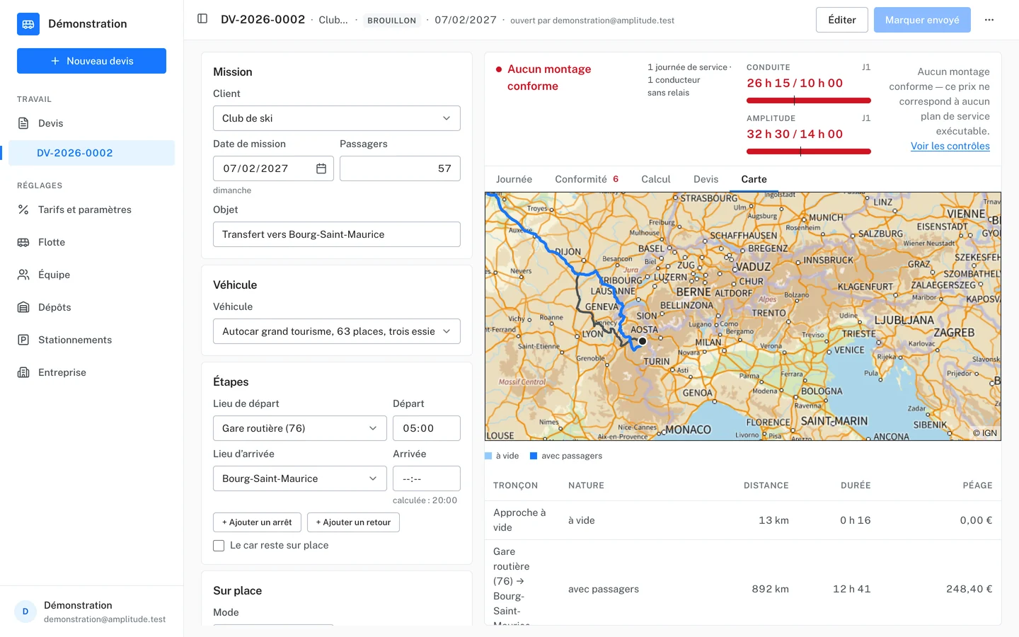 Onglet Carte du transfert vers Bourg-Saint-Maurice : le tracé sur fond cartographique IGN, l’approche à vide et le trajet avec passagers chacun de sa teinte, les points de la mission ; dessous, la légende « à vide, avec passagers » et la table des tronçons, dont l’approche à vide, 13 km, 0 h 16, sans péage.