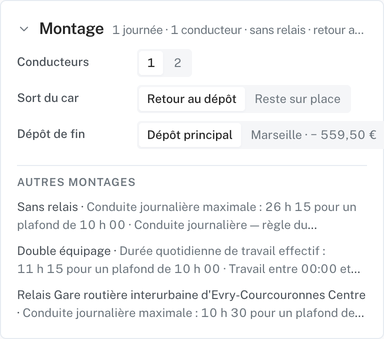 Bloc Montage de la colonne de saisie sur un transfert Lille vers Marseille : conducteurs, 1 ou 2 ; sort du car, retour au dépôt ou reste sur place ; dépôt de fin, avec l’autre dépôt et son écart chiffré à côté. Dessous, les autres montages nommés avec leur motif d’écart : sans relais, double équipage, relais à un point nommé sur le tracé.