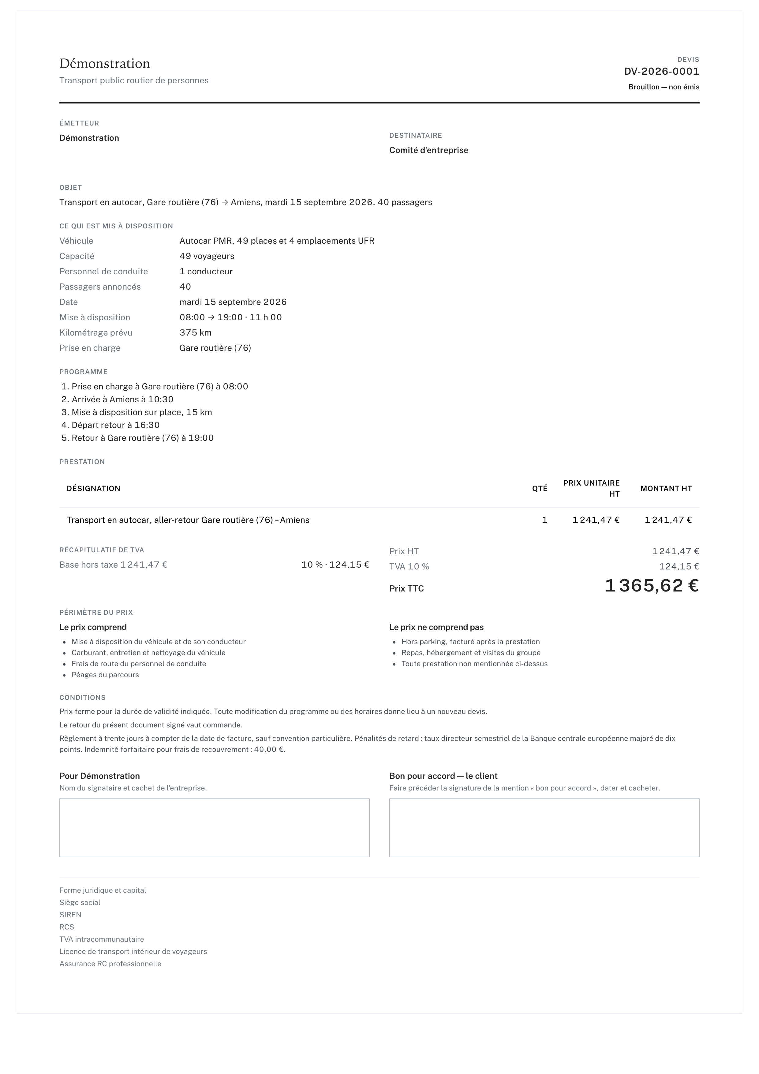 La pièce de devis au rendu d’impression : émetteur et destinataire, numéro, objet, ce qui est mis à disposition, le programme, la ligne de prestation, la TVA, le prix HT et le prix TTC.